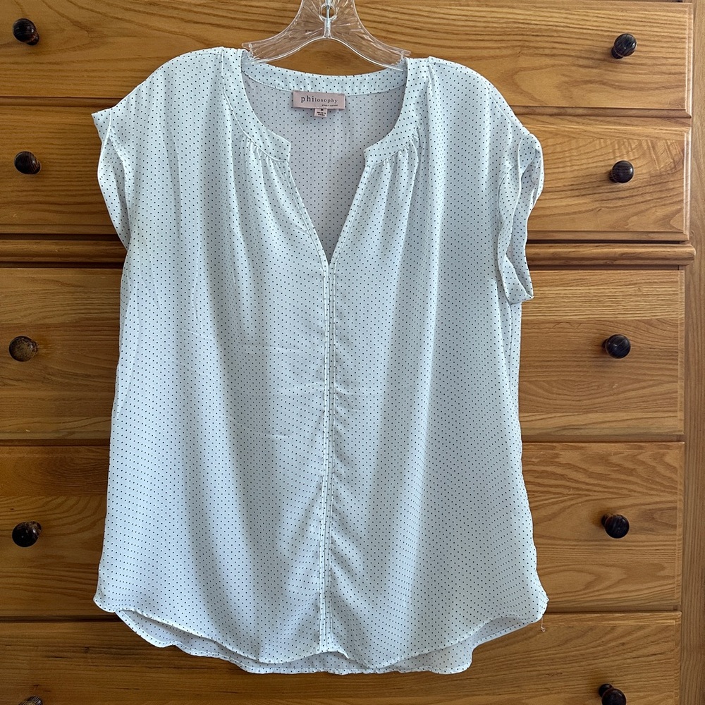 Philosophy White with Black Polka Dot Blouse Top Short Cap Sleeve Women’s EUC